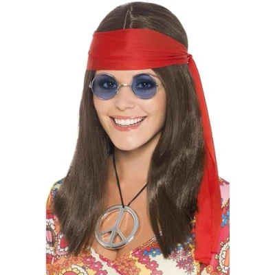 Image of Smiffys Hippie Chick Kit, Brown with Wig, Specs, Medallion &amp; Headband, 1960&#039;s Groovy Fancy Dress, Adult Dress Up Accessories