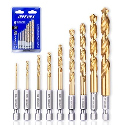 Image of JEFE HEX 9 Piece Drill Bits Set,Hex Shank for Quick Change, Titanium HSS Twist Bit Set, 135 Degree Easy Cut Split Point