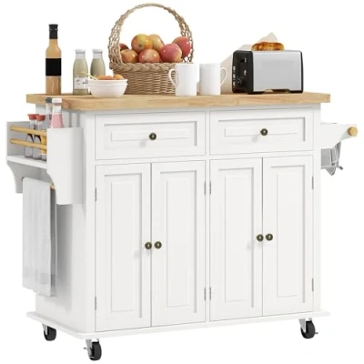 Image of HOMCOM Rolling Kitchen Island Storage Trolley with Rubber Wood Top &amp; Drawers for Dining Room, Cream White