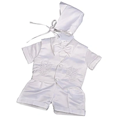 Image of Lito Angels Baby Boys 4 Pcs Satin Baptism Christening Outfit White Suit with Bonnet Infant Age 6 9 Months, Short Sleeve