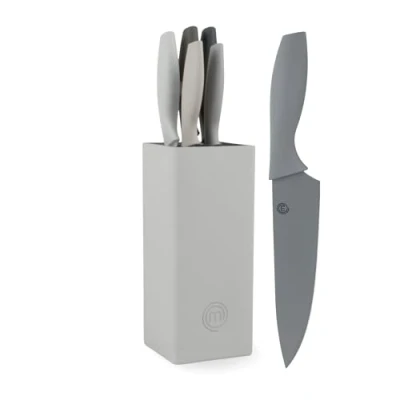 Image of MasterChef Knife Set with Block, 5 Kitchen Knives Sharp Stainless Steel Blades (Chef, Paring, Utility, Carving, Bread) Soft Touch Easy Grip Handles &amp; Universal Holder, Earth Greys