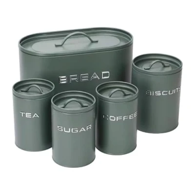 Image of simpa 5PC Stylish Matte Green Metal Kitchen Storage Set Including Oval Bread Bin and Round Biscuit Tin, Tea, Coffee Sugar Canisters.