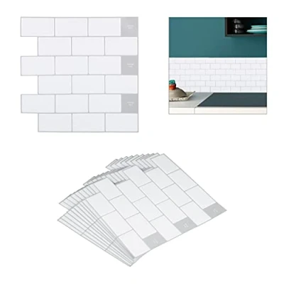 Image of Relaxdays Tile Stickers, Set of 10, Self Adhesive, Kitchen &amp; Bathroom, 30.5 x cm, 3D, Subway, Underground, White