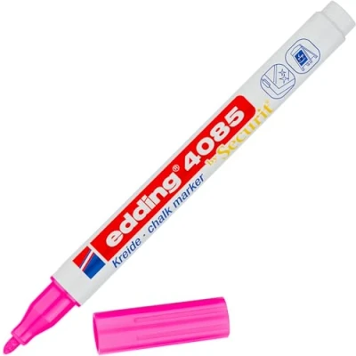 Image of edding 4085 chalk marker neon pink 1 pen round tip 2 mm fine tipped wet wipe for chalkboards, windows, glass, mirrors liquid pens opaque coverage