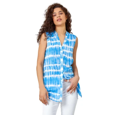 Image of Roman Originals Sleeveless Shirt for Women UK Ladies Blouse Top Button Through Summer Smart Casual Work Cocktail Party Office Holiday Special Occassion Evening Going Out Blue White Size 12