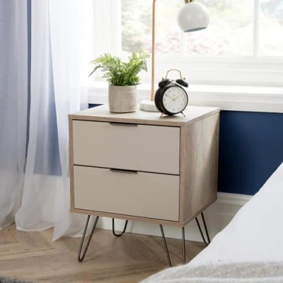 Image of Home Source Bedside Cabinet Lamp Side Table, Driftwood Calico Finish, Grey Hairpin Legs, 2 Drawer, Engineered Wood, Brown