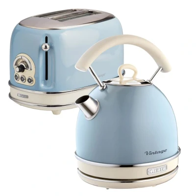 Image of Ariete ARPK12 Retro Style Dome Kettle and 2 Slice Toaster Set, Vintage Design, Blue