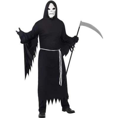 Image of Smiffys Grim Reaper Costume, Black with Hooded Robe, Mask &amp; Belt, Halloween Adult Fancy Dress, Dress Up Costumes