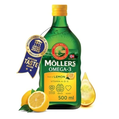 Image of Möller&#039;s Omega 3 Cod Liver Oil Nordic Dietary Supplement with EPA, DHA, Vitamin A, D, E Superior Taste Award High Purity Natural 165 Year Old Brand Lemon 500 ml