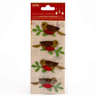 Image of Italian Options Glitter Robins Handmade Christmas Craft Decoration Self Adhesive 6.5cm x 4.5cm (4 pcs)