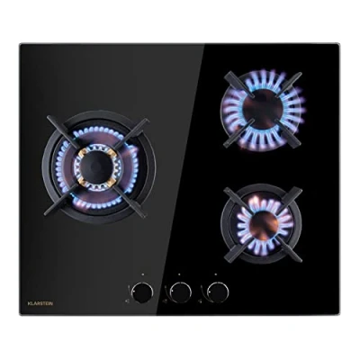 Image of Klarstein Gas Cooker, 3 Burners Hob, 6200W Built In Three Ring Electric Campervan Cooktops Cookers, Stainless Steel Glass Top Wok Burner, Kitchen Stoves LPG Cooker