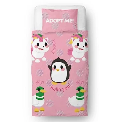 Image of Character World Official Adopt Me Single Duvet Cover Set Hugs Design Featuring Penguin, Unicorn and Duck Reversible 2 Sided Bedding Including Matching Pillow Case Bed