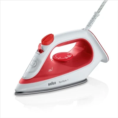 Image of Braun TexStyle 1 SI1019RD, Steam Iron, Non Stick Coating, Thermostat, 25g/min in Turbo Mode, 220ml Water Tank, 1900W, Red/White