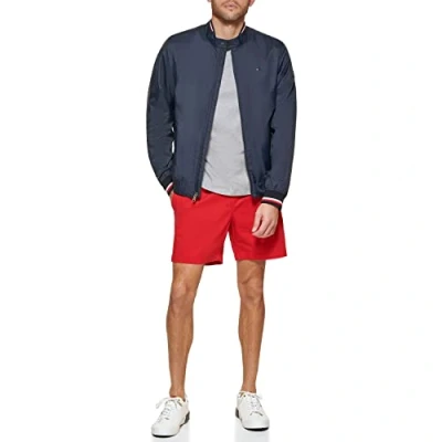 Image of Tommy Hilfiger Men&#039;s Lightweight Varsity Rib Knit Bomber Jacket Shell, Navy Poly, L