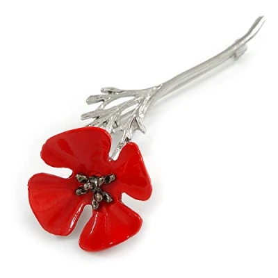 Image of Avalaya Bright Red Enamel Poppy Brooch in Silver Tone Metal 75mm Long