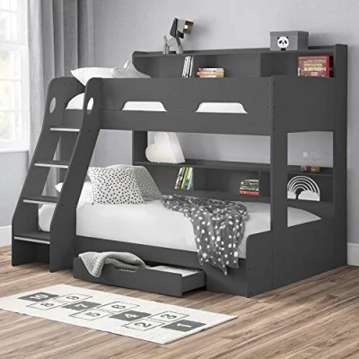 Image of happybeds Wooden Bunk Bed, Orion Anthracite Triple Sleeper 3ft Single Top, 4ft Small Double Bottom Storage Drawer with 2x Memory Foam Mattresses