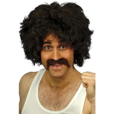 Image of Smiffys Retro Wig &amp; Tash, Brown , 1980&#039;s Fancy Dress, Adult Dress Up Wigs