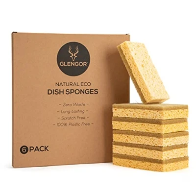 Image of Glengor Eco Washing Up Dish Sponges, Pack of 6. Natural Materials, Biodegradable, Non Scratch Zero Waste, Friendly, Sisal Cellulose Scourers