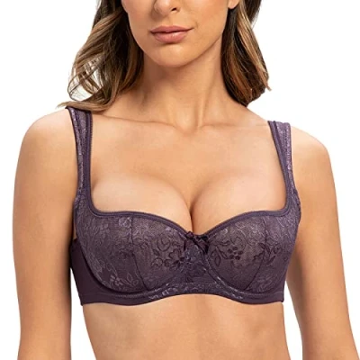 Image of MELENECA Women&#039;s Balconette Bra with Padded Strap Half Cup Underwire Sexy Lace Purple 32DD