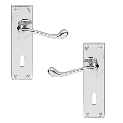 Image of Ironmongery Solutions® Internal Victorian Scroll Lever Lock Door Handle Set in Polished Brass, Chrome, Satin Nickel Finishes (Lock, Chrome)
