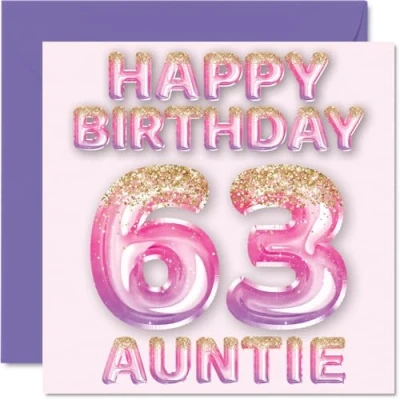 Image of 63rd Birthday Card for Auntie Pink &amp; Purple Glitter Balloons Happy Cards 63 Year Old Aunt Aunty from Nephew Niece, 145mm x Bday Greeting Gift