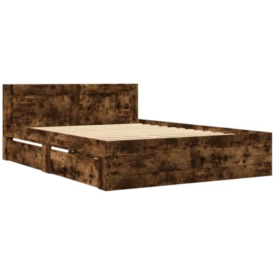Image of vidaXL Bed Frame with Headboard Smoked Oak 193 x 138 69 cm Storage Drawers Engineered Wood Suitable for 135x190 Mattress
