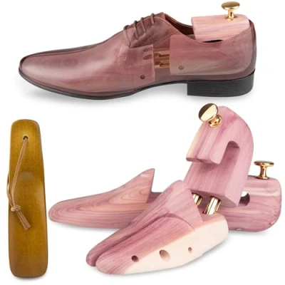 Image of SULPO Premium Shoe Stretcher Made Of Precious Cedar Wood, Incl. Travel Shoehorn Tree For Men And Woman Shaper with ergonomic design Widener Adjustable Various Sizes