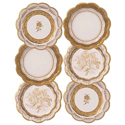 Image of Gold Paper Plates Pack of 12 (17cm) 3 Designs Unique, Glamorous, Elegant, Disposable Tableware For Christmas Table, Birthday Party, Weddings, Anniversary, NYE