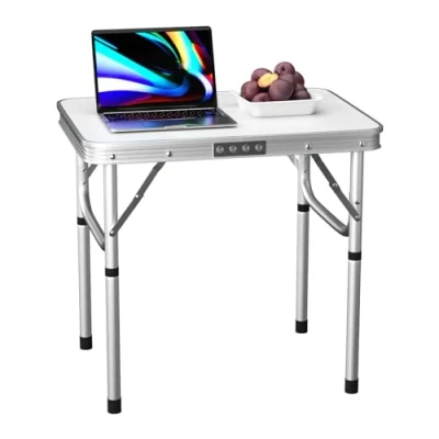 Image of EFAN Folding Camping table 2ft Lightweight Table, Portable Adjustable Height Picnic with Carry Handle, For Indoor Outdoor Garden Party Dinning BBQ, White, unfold size: 60x 45x26/56cm