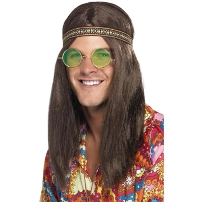 Image of Smiffys Mens Hippie Kit, Brown with Headband, Specs and Necklace, 1960&#039;s Groovy Fancy Dress, Adult Dress Up Accessories