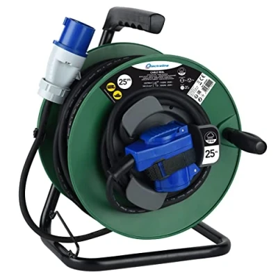 Image of Electraline 49209 Industrial H07 RN F 3G1.5 Cable Reel 25 m IP44 Outdoor with Rubber Extension 2 Sockets (Schuko + Industrial) / Box