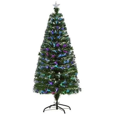 Image of HOMCOM 5FT Multicoloured Artificial Christmas Tree w/Fibre Optic Lights Pre Lit Modes Metal Stand Star Holder Home Seasonal Decoration