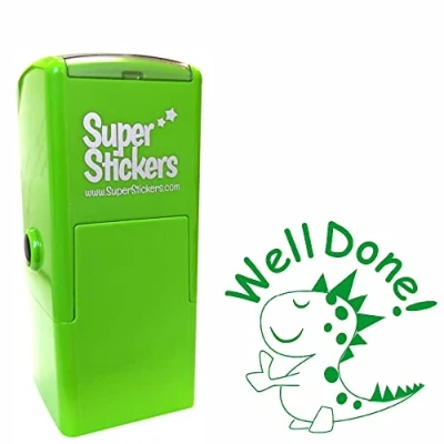 Image of Teacher Stamp, Education Marking Reward Stamps for School Well Done Dinosaur, Impression Size Approx. 23x23 mm, Green Ink