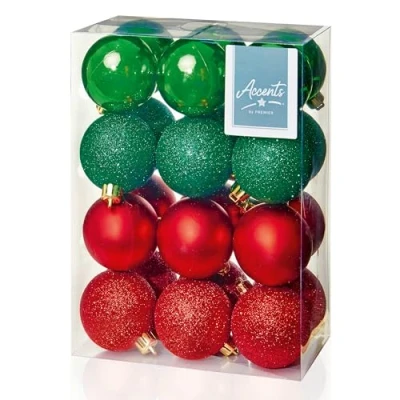 Image of Shatterproof Christmas baubles 24 Pack 60mm Premier Tree Decoration, matt, shinny and glitter (Red Green 9349)