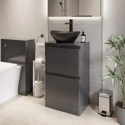 Image of Affine® 500mm Vanity Unit Bathroom Floor Standing Storage Cabinet Cupboard Cloakroom, Soft Close Drawers, Roubaix Black Countertop Basin Sink, Grey Gloss