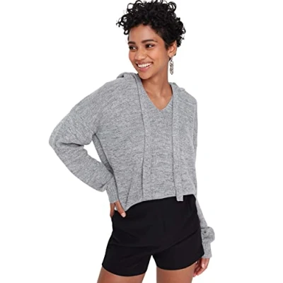 Image of Trendyol Women Regular Basic Hood Knitwear Sweater Grey
