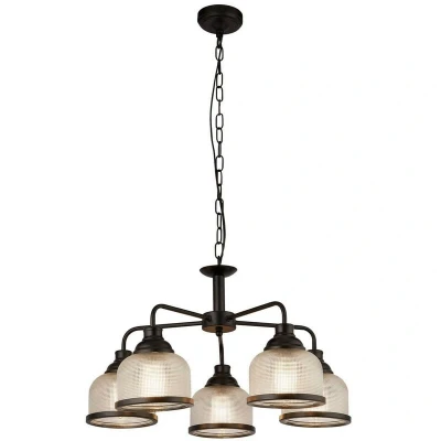 Image of Highworth 5 Light Pendant Black, Holophane Style Glass