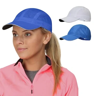 Image of TrailHeads Women&#039;s Race Day Performance Running Cap, Lightweight &amp; Quick Drying Mesh Sports Hat with Reflective Trim White Cool Blue 2 pk