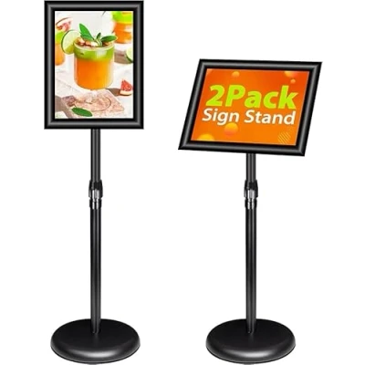 Image of VAIIGO 2Pack Adjustable Sign Stand A4 Aluminum Poster Menu Floor Standing Holder for Signage, Poster, Menu, Ads, Sales, Notice Display (Black, 2Pack)