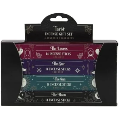 Image of Mystical Assorted Tarot Card Inspired Incense Stick Gift Set (4 Packs) Red Rose, Black Opium, Green Tea, Lavender Scent, Caution for Safe Burning, Perfect Creating an Ambience