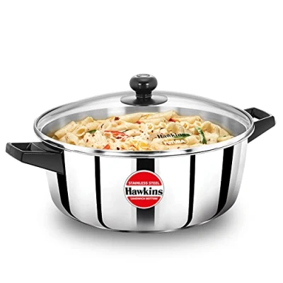 Image of Hawkins 5 Litre Cook n Serve Casserole, Stainless Steel Saucepan with Glass Lid, Induction Pan, Sauce Pan for Cooking and Serving, Black (SSCB50G)