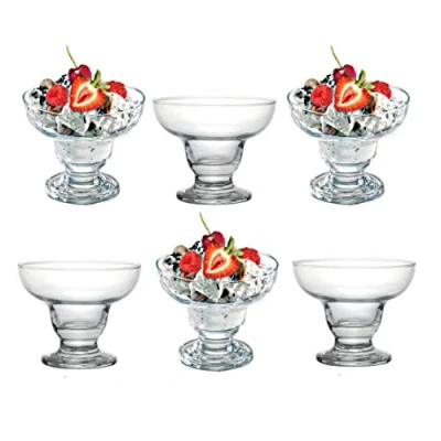 Image of GK Global Kitchen Glass Dessert Bowls Sundae Ice Cream Cups Set Of 6 Short Stemmed Prawn Cocktail Glasses Footed Appetiser Fruit Salads Pudding Dishes