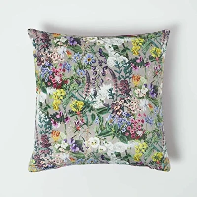 Image of HOMESCAPES Yellow Green &amp; Purple Reversible Velvet Floral Cushion 46 x cm Filled Decorative Throw Pillow with Botanical Flower Design Insert Included