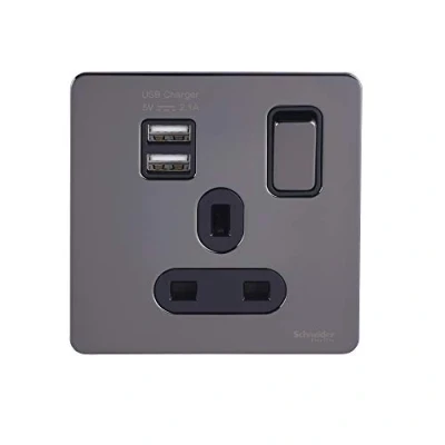 Image of Schneider Electric Ultimate Screwless Flat Plate Switched Single Power Socket with USB Charging Ports, Double Pole, 13A, GGBGU34102USBABBN, Black Nickel Insert