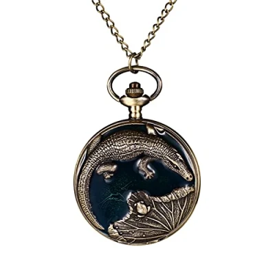 Image of JewelryWe Quartz Pocket Watch for Men Women Vintage Stylish Alligator Pattern Carved Pendant Necklace
