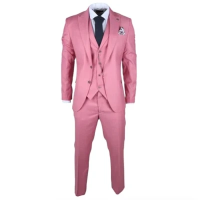 Image of Men&#039;s Classic 3 Piece Suit Blush Pink Pocket Chain Wedding Tailored Fit Vintage Formal 50