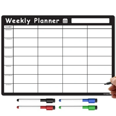 Image of TMS Magnetic Weekly Planner and Organiser A3 Fully Customisable Whiteboard for Family or Business Tasks Meal Planning with 4 Free Dry Wipe Pen (Bold Black, A3)