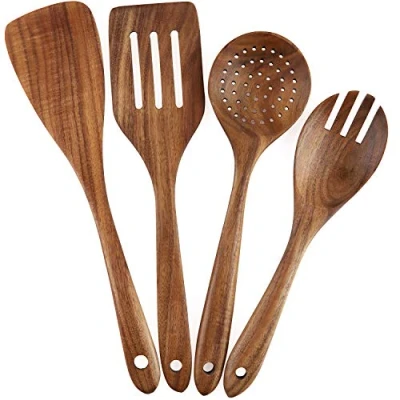 Image of Wooden Cooking Utensils Set 4 Piece Wood Kitchen Utensil for Non Stick Cookware Spatula,Fork,Turner,Ladle,Strainer Spoons