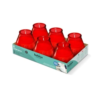 Image of Bolsius Outdoor Candles 6 Pieces in Glass Red Burning Time 70 Hours No Palm Oil Clean Cotton Wick Non Scented