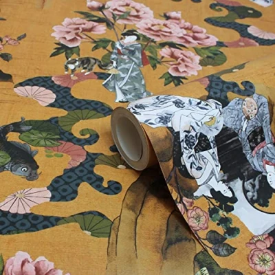 Image of Paoletti Geisha Printed Wallpaper Yellow One Size